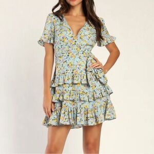 Lulus 'Feeling Butterflies Light Blue Floral Tiered Ruffle Mini Dress